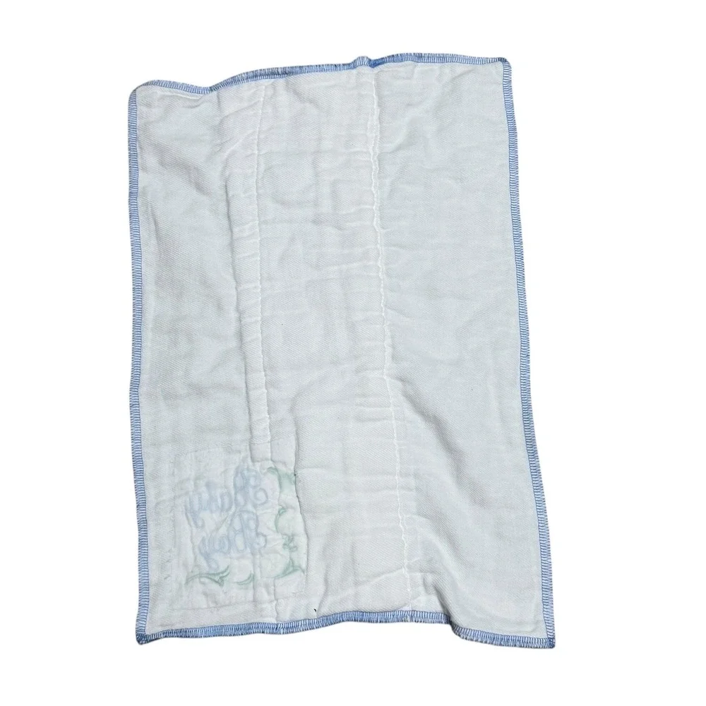 Vintage White Cotton Gauze Burp Cloth‎ Baby Boy Blue Embroidery Serged Edge